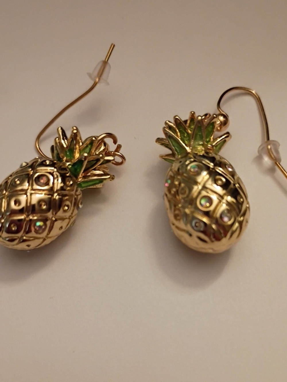 Gold Pineapple Drop Earrings with Green Tops
